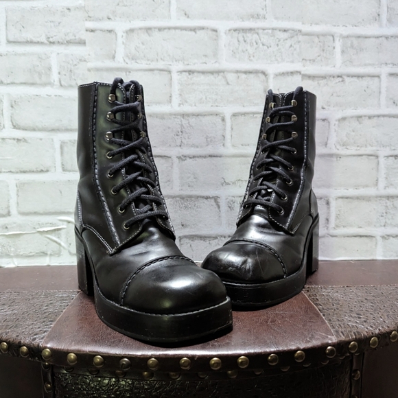 Frye Vintage Y2K Villager Boot Lace Up Zip Stitch 70's Chunky Heel Black Size 9 - Picture 10 of 15